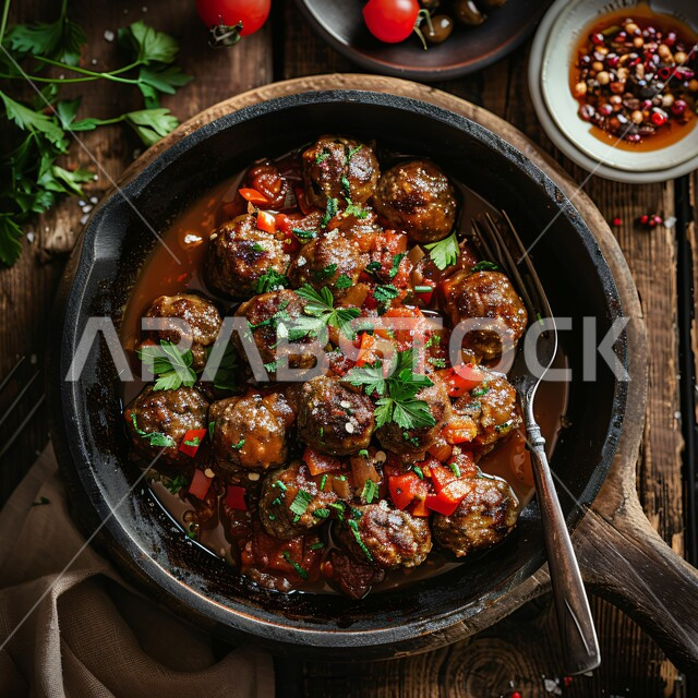 طبق من كرات اللحم في صلصة الطماطم مع البقدونس والفلفل, الأساليب الفنية في تقديم الطعام في مطاعم المملكة العربية السعودية, المأكولات الشرقية الشهية, الأطعمة المفيدة الغنية بالبروتينات, الأكلات العربية التقليدية اللذيذة, أغذية صحية ذات قيمة غذائية عالية