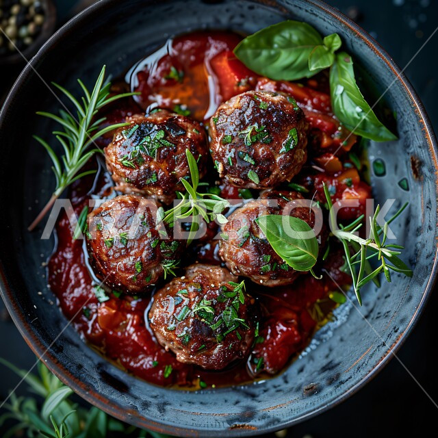 A plate of meatballs with tomato sauce and herbs, artistic methods of serving food in restaurants in the Kingdom of Saudi Arabia, delicious oriental foods, healthy foods rich in proteins, delicious traditional Arabic dishes, healthy foods with high nutritional value