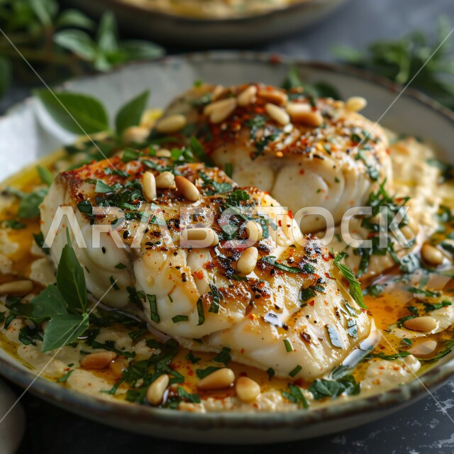 الأساليب الفنية في تقديم الطعام في مطاعم المملكة العربية السعودية, صورة مقربة لطبق من السمك المشوي مع الصنوبر والأعشاب, المأكولات الشرقية الشهية, الأطعمة المفيدة الغنية بالبروتينات, الأكلات العربية التقليدية اللذيذة, أغذية صحية ذات قيمة غذائية عالية