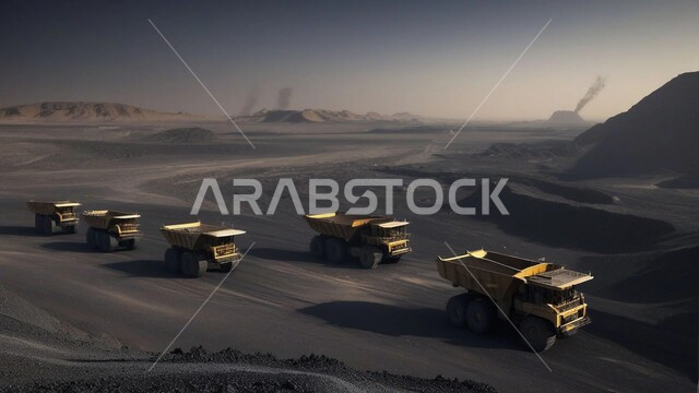 مناجم الفحم الطبيعي العربية، مناطق التنقيب عن الثروات الباطنية، الطبيعة الصخرية وتضاريس السلاسل الجبلية، المرتفعات وقمم الجبال في المملكة العربية السعودية، سيارة شحن كبيرة تقوم بالعمل في موقع التعدين