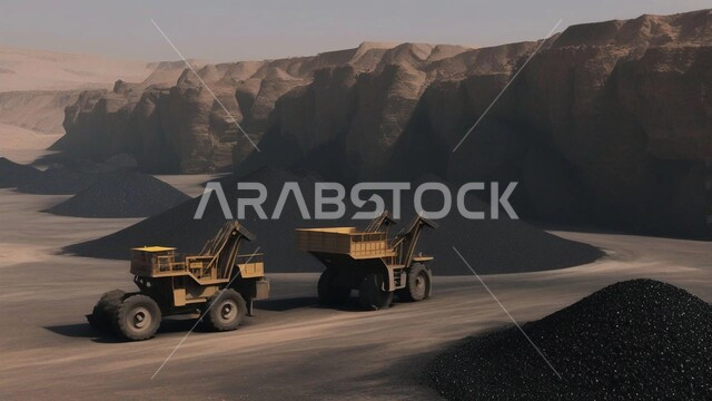 Arab natural coal mines, exploration areas for underground resources, rocky nature and topography of mountain ranges, highlands and mountain peaks in the Kingdom of Saudi Arabia, a large freight truck working at the mining site