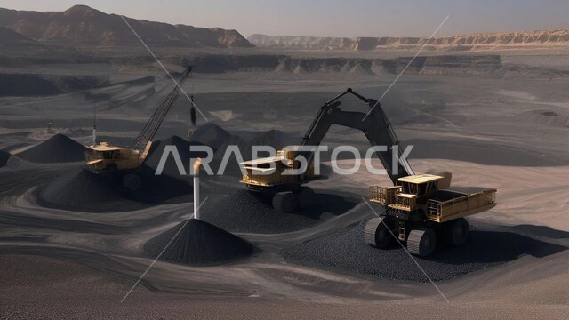 مناجم الفحم الطبيعي العربية، مناطق التنقيب عن الثروات الباطنية، الطبيعة الصخرية وتضاريس السلاسل الجبلية، المرتفعات وقمم الجبال في المملكة العربية السعودية، سيارة شحن كبيرة تقوم بالعمل في موقع التعدين