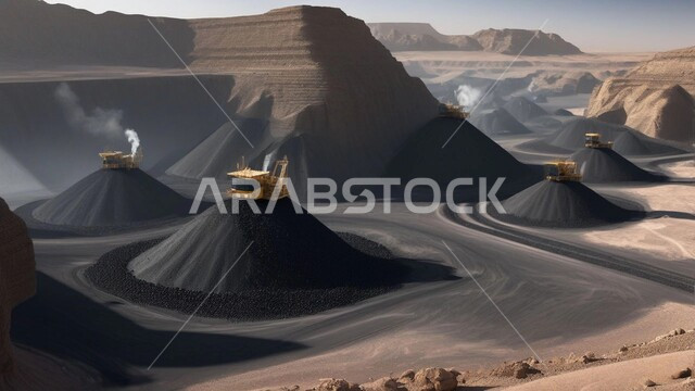 مناجم الفحم الطبيعي العربية، مناطق التنقيب عن الثروات الباطنية، الطبيعة الصخرية وتضاريس السلاسل الجبلية، المرتفعات وقمم الجبال في المملكة العربية السعودية، سيارة شحن كبيرة تقوم بالعمل في موقع التعدين
