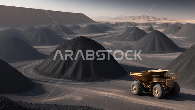 مناجم الفحم الطبيعي العربية، مناطق التنقيب عن الثروات الباطنية، الطبيعة الصخرية وتضاريس السلاسل الجبلية، المرتفعات وقمم الجبال في المملكة العربية السعودية، سيارة شحن كبيرة تقوم بالعمل في موقع التعدين