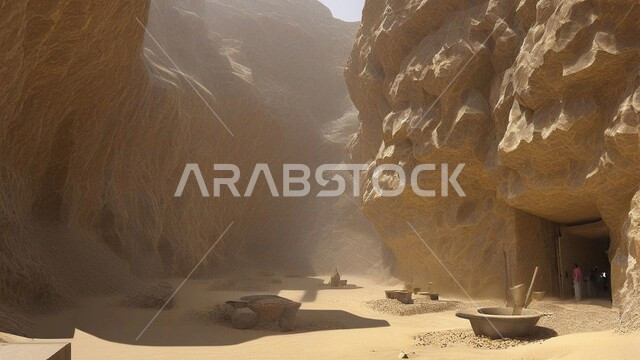   مناطق التنقيب عن الثروات الباطنية و استخراج الموارد الطبيعية بسهولة وصول الآليات الكبيرة إلى أعماق المنجم عبر المدرجات، مقلع ضخم في المناطق الصحراوية في المملكة العربية السعودية، مناجم الذهب العربي الأصيل