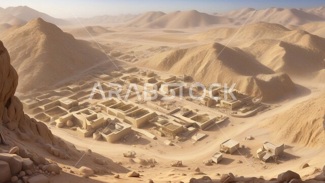   مناطق التنقيب عن الثروات الباطنية و استخراج الموارد الطبيعية بسهولة وصول الآليات الكبيرة إلى أعماق المنجم عبر المدرجات، مقلع ضخم في المناطق الصحراوية في المملكة العربية السعودية، مناجم الذهب العربي الأصيل