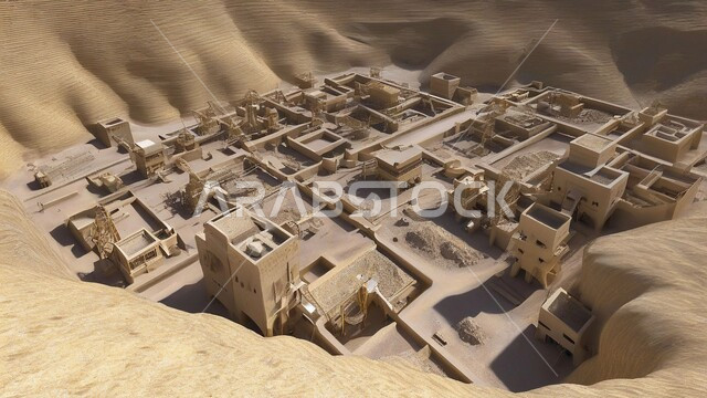   مناطق التنقيب عن الثروات الباطنية و استخراج الموارد الطبيعية بسهولة وصول الآليات الكبيرة إلى أعماق المنجم عبر المدرجات، مقلع ضخم في المناطق الصحراوية في المملكة العربية السعودية، مناجم الذهب العربي الأصيل