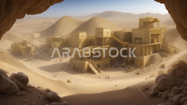   مناطق التنقيب عن الثروات الباطنية و استخراج الموارد الطبيعية بسهولة وصول الآليات الكبيرة إلى أعماق المنجم عبر المدرجات، مقلع ضخم في المناطق الصحراوية في المملكة العربية السعودية، مناجم الذهب العربي الأصيل