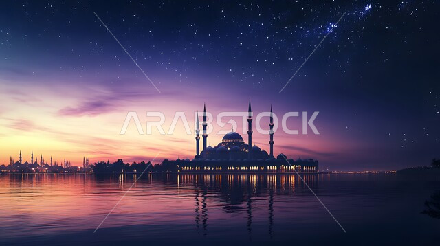 مكان رفع الآذان وأداء الفرائض والصلوات، التصاميم الإسلامية للمآذن الشامخة والقبب العريقة، الفن الهندسي المعماري في بناء المساجد بالمملكة العربية السعودية، دور العبادة المبنية على الطراز العربي الإسلامي المعاصر، خلفية السماء الملونة بلون الغروب