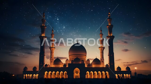 مكان رفع الآذان وأداء الفرائض والصلوات، التصاميم الإسلامية للمآذن الشامخة والقبب العريقة، الفن الهندسي المعماري في بناء المساجد بالمملكة العربية السعودية، دور العبادة المبنية على الطراز العربي الإسلامي المعاصر، خلفية السماء الملونة بلون الغروب