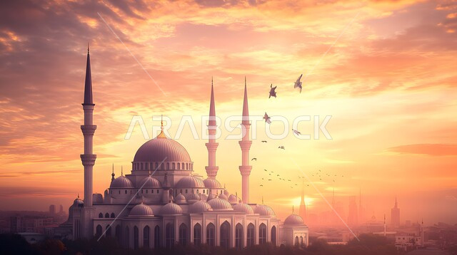 مكان رفع الآذان وأداء الفرائض والصلوات، التصاميم الإسلامية للمآذن الشامخة والقبب العريقة، الفن الهندسي المعماري في بناء المساجد بالمملكة العربية السعودية، دور العبادة المبنية على الطراز العربي الإسلامي المعاصر، خلفية السماء الملونة بلون الغروب