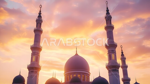 مكان رفع الآذان وأداء الفرائض والصلوات، التصاميم الإسلامية للمآذن الشامخة والقبب العريقة، الفن الهندسي المعماري في بناء المساجد بالمملكة العربية السعودية، دور العبادة المبنية على الطراز العربي الإسلامي المعاصر، خلفية السماء الملونة بلون الغروب