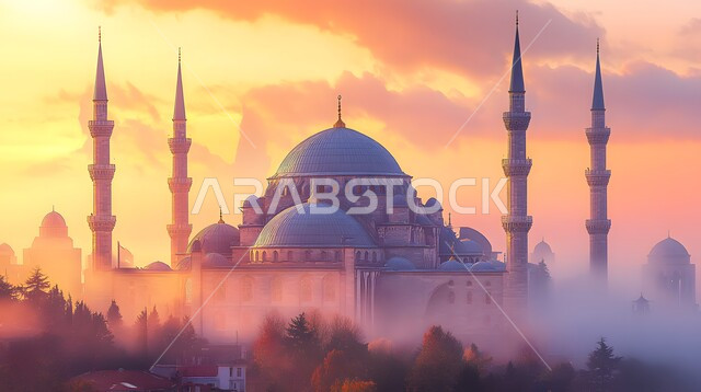 مكان رفع الآذان وأداء الفرائض والصلوات، التصاميم الإسلامية للمآذن الشامخة والقبب العريقة، الفن الهندسي المعماري في بناء المساجد بالمملكة العربية السعودية، دور العبادة المبنية على الطراز العربي الإسلامي المعاصر، خلفية السماء الملونة بلون الغروب