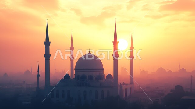 مكان رفع الآذان وأداء الفرائض والصلوات، التصاميم الإسلامية للمآذن الشامخة والقبب العريقة، الفن الهندسي المعماري في بناء المساجد بالمملكة العربية السعودية، دور العبادة المبنية على الطراز العربي الإسلامي المعاصر، خلفية السماء الملونة بلون الغروب