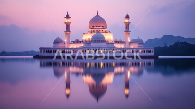 انعكاس صورة المسجد المضيء بالتصميم المعاصر على سطح المياه النقية، مكان رفع الآذان وأداء الفرائض والصلوات، التصاميم الإسلامية للمآذن الشامخة والقبب العريقة، الفن الهندسي المعماري في بناء المساجد بالمملكة العربية السعودية، دور العبادة المبنية على الطراز العربي الإسلامي 