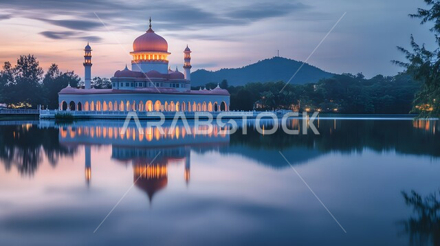 انعكاس صورة المسجد المضيء بالتصميم المعاصر على سطح المياه النقية، مكان رفع الآذان وأداء الفرائض والصلوات، التصاميم الإسلامية للمآذن الشامخة والقبب العريقة، الفن الهندسي المعماري في بناء المساجد بالمملكة العربية السعودية، دور العبادة المبنية على الطراز العربي الإسلامي 