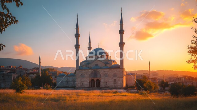  التصاميم الإسلامية للمآذن الشامخة والقبب العريقة، الفن الهندسي المعماري في بناء المساجد بالمملكة العربية السعودية، مكان رفع الآذان وأداء الفرائض والصلوات، دور العبادة المبنية على الطراز العربي الإسلامي، مسجد محاط بالطبيعة والأشجار الخضراء في وقت غروب الشمس