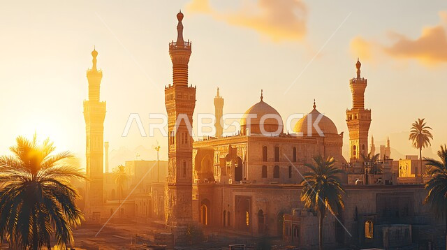 التصاميم الإسلامية للمآذن الشامخة والقبب العريقة، الفن الهندسي المعماري في بناء المساجد بالمملكة العربية السعودية، مكان رفع الآذان وأداء الفرائض والصلوات، دور العبادة المبنية على الطراز العربي الإسلامي، مسجد محاط بالطبيعة والأشجار الخضراء في وقت غروب الشمس