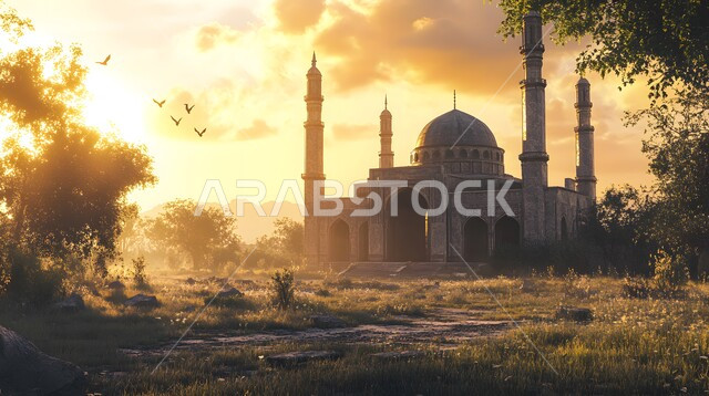  التصاميم الإسلامية للمآذن الشامخة والقبب العريقة، الفن الهندسي المعماري في بناء المساجد بالمملكة العربية السعودية، مكان رفع الآذان وأداء الفرائض والصلوات، دور العبادة المبنية على الطراز العربي الإسلامي، مسجد محاط بالطبيعة والأشجار الخضراء في وقت غروب الشمس
