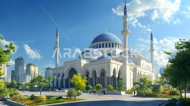 الفن الهندسي المعماري في بناء المساجد بالمملكة العربية السعودية، مكان رفع الآذان وأداء الفرائض والصلوات، التصاميم الاسلامية للمآذن الشامخة والقبب، تصاميم حديثة لدور العبادة على الطراز العربي الإسلامي، مسجد محاط بالأشجار والطبيعة الخضراء، خلفية السماء الصافية