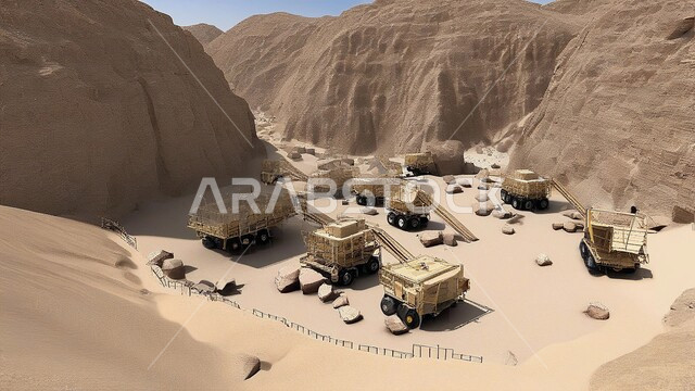 الطبيعة الرملية وتضاريس السلاسل الجبلية في المملكة العربية السعودية، مناطق التنقيب عن الثروات الباطنية الثمينة، مناجم الفحم الطبيعي العربي، الالات والمعدات الضخمة الثقلية في موقع العمل