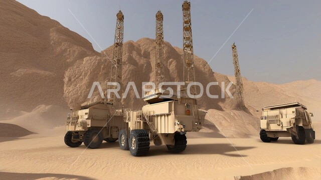 الطبيعة الرملية وتضاريس السلاسل الجبلية في المملكة العربية السعودية، مناطق التنقيب عن الثروات الباطنية الثمينة، مناجم الفحم الطبيعي العربي، الالات والمعدات الضخمة الثقلية في موقع العمل