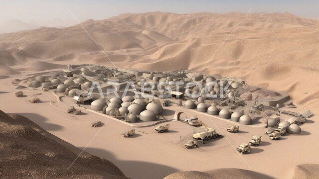 The sandy nature and terrain of the mountain ranges in the Kingdom of Saudi Arabia, exploration areas for precious underground resources, Arab natural coal mines, huge heavy machinery and equipment at the work site.