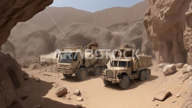 مناطق التنقيب عن الثروات الباطنية الثمينة، الطبيعة الرملية وتضاريس السلاسل الجبلية في المملكة العربية السعودية، مناجم الفحم الطبيعي العربي، الالات والمعدات الضخمة الثقلية في موقع العمل