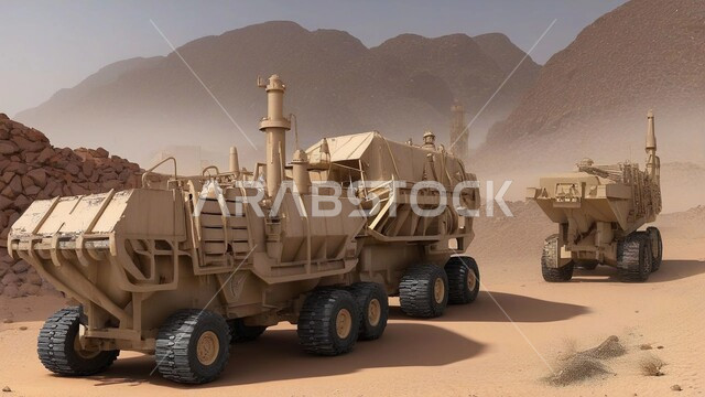 مناطق التنقيب عن الثروات الباطنية الثمينة، الطبيعة الرملية وتضاريس السلاسل الجبلية في المملكة العربية السعودية، مناجم الفحم الطبيعي العربي، الالات والمعدات الضخمة الثقلية في موقع العمل