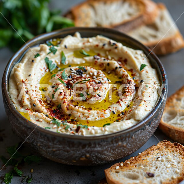 فنون تقديم طعام الإفطار في مطاعم المملكة العربية السعودية, وصفات الأطباق الشرقية اللذيذة, وجبات الفطور الصباحي التقليدي المفيد, الأطعمة الصحية الشهية, مأكولات شعبية مشهورة, صورة مقربة لطبق حمص لذيذ مع الخبز المحمص