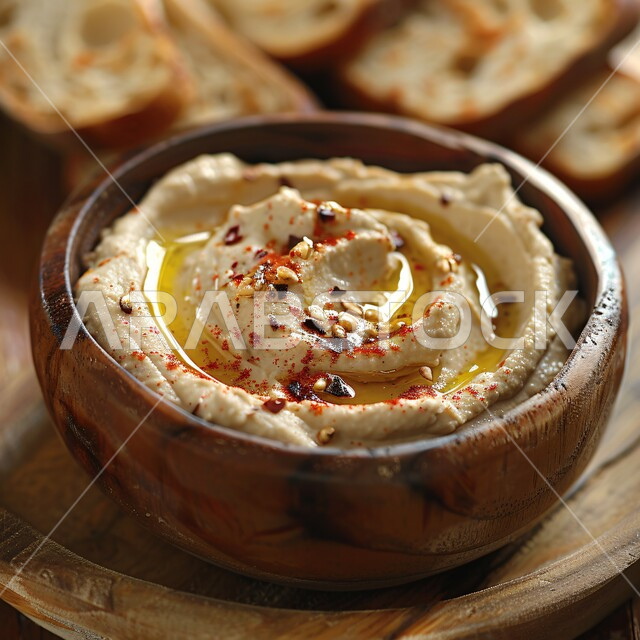 فنون تقديم طعام الإفطار في مطاعم المملكة العربية السعودية, وصفات الأطباق الشرقية اللذيذة, وجبات الفطور الصباحي التقليدي المفيد, الأطعمة الصحية الشهية, مأكولات شعبية مشهورة, صورة مقربة لطبق حمص لذيذ بزيت الزيتون والتوابل