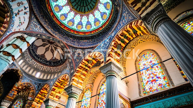 النقوش والزخارف للأعمدة والأقواس والأسقف على الطراز الإسلامي، الفن الهندسي المعماري لمسجد عربي عريق، مفهوم العبادة والتقرب إلى الله تعالى، التصاميم والديكورات الداخلية الأنيقة للمساجد