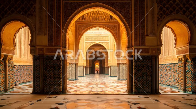 النقوش والزخارف للأعمدة والأقواس والأسقف على الطراز الإسلامي، الفن الهندسي المعماري لمسجد عربي عريق، مفهوم العبادة والتقرب إلى الله تعالى، التصاميم والديكورات الداخلية الأنيقة للمساجد