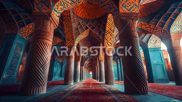 النقوش والزخارف للأعمدة والأقواس والأسقف على الطراز الإسلامي، الفن الهندسي المعماري لمسجد عربي عريق، مفهوم العبادة والتقرب إلى الله تعالى، التصاميم والديكورات الداخلية الأنيقة للمساجد
