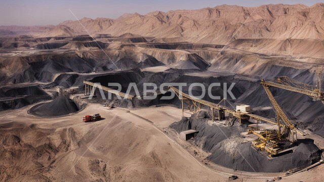 سيارات شحن وآليات ثقيلة تقوم بالعمل في موقع التعدين، مناطق التنقيب عن الثروات الباطنية الخام، كميات ضخمة من انتاج الفحم الوطني، أماكن مناجم الفحم الطبيعي، الطبيعة الصخرية وتضاريس السلاسل الجبلية في المملكة العربية السعودية، المرتفعات وقمم الجبال