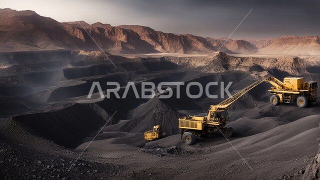 سيارات شحن وآليات ثقيلة تقوم بالعمل في موقع التعدين، مناطق التنقيب عن الثروات الباطنية الخام، كميات ضخمة من انتاج الفحم الوطني، أماكن مناجم الفحم الطبيعي، الطبيعة الصخرية وتضاريس السلاسل الجبلية في المملكة العربية السعودية، المرتفعات وقمم الجبال