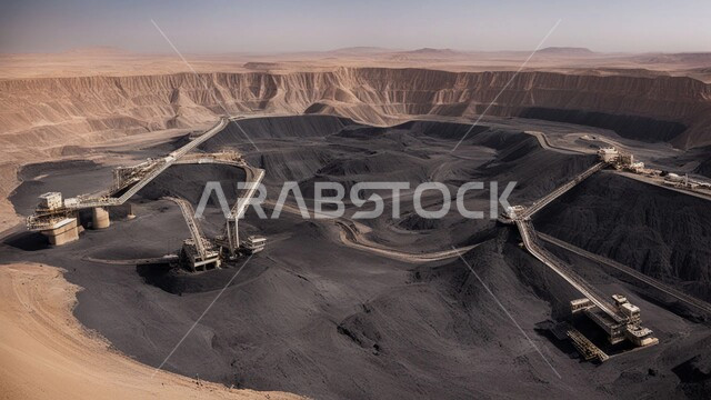 سيارات شحن وآليات ثقيلة تقوم بالعمل في موقع التعدين، مناطق التنقيب عن الثروات الباطنية الخام، كميات ضخمة من انتاج الفحم الوطني، أماكن مناجم الفحم الطبيعي، الطبيعة الصخرية وتضاريس السلاسل الجبلية في المملكة العربية السعودية، المرتفعات وقمم الجبال