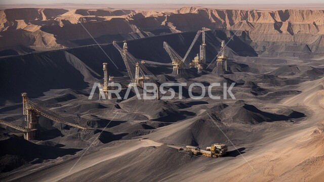 سيارات شحن وآليات ثقيلة تقوم بالعمل في موقع التعدين، مناطق التنقيب عن الثروات الباطنية الخام، كميات ضخمة من انتاج الفحم الوطني، أماكن مناجم الفحم الطبيعي، الطبيعة الصخرية وتضاريس السلاسل الجبلية في المملكة العربية السعودية، المرتفعات وقمم الجبال