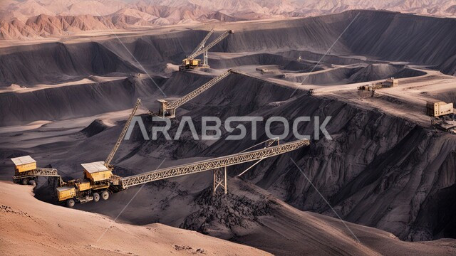 سيارات شحن وآليات ثقيلة تقوم بالعمل في موقع التعدين، مناطق التنقيب عن الثروات الباطنية الخام، كميات ضخمة من انتاج الفحم الوطني، أماكن مناجم الفحم الطبيعي، الطبيعة الصخرية وتضاريس السلاسل الجبلية في المملكة العربية السعودية، المرتفعات وقمم الجبال