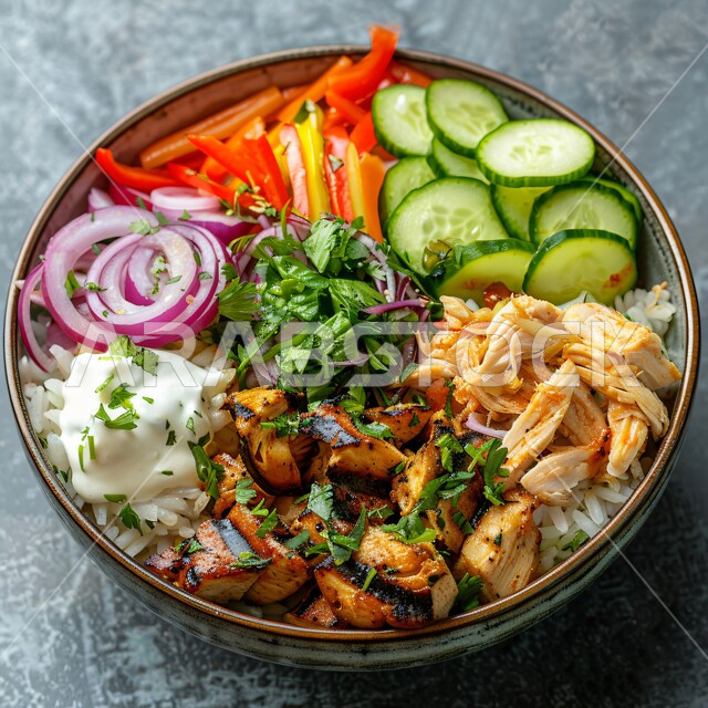 A plate of grilled chicken with fresh vegetables, spices and white rice, Traditional Arabic food and dishes, Delicious healthy food recipes, High-protein meals, Grill restaurants and kitchens in Saudi Arabia, The art of serving delicious oriental foods