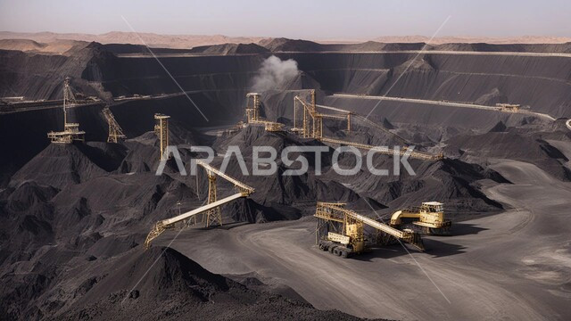 مناطق التنقيب عن الثروات الباطنية الخام، سيارات شحن وآليات ثقيلة تقوم بالعمل في موقع التعدين، كميات ضخمة من انتاج الفحم الوطني، أماكن مناجم الفحم الطبيعي، الطبيعة الصخرية وتضاريس السلاسل الجبلية في المملكة العربية السعودية