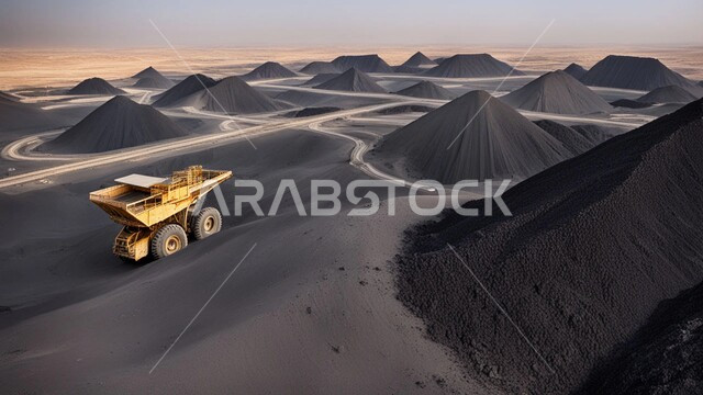 مناطق التنقيب عن الثروات الباطنية الخام، سيارات شحن وآليات ثقيلة تقوم بالعمل في موقع التعدين، كميات ضخمة من انتاج الفحم الوطني، أماكن مناجم الفحم الطبيعي، الطبيعة الصخرية وتضاريس السلاسل الجبلية في المملكة العربية السعودية