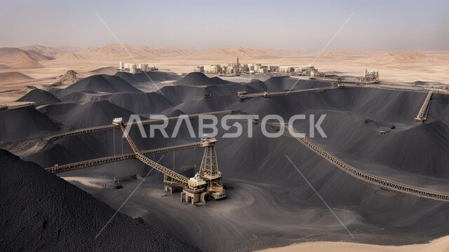 مناطق التنقيب عن الثروات الباطنية الخام، سيارات شحن وآليات ثقيلة تقوم بالعمل في موقع التعدين، كميات ضخمة من انتاج الفحم الوطني، أماكن مناجم الفحم الطبيعي، الطبيعة الصخرية وتضاريس السلاسل الجبلية في المملكة العربية السعودية