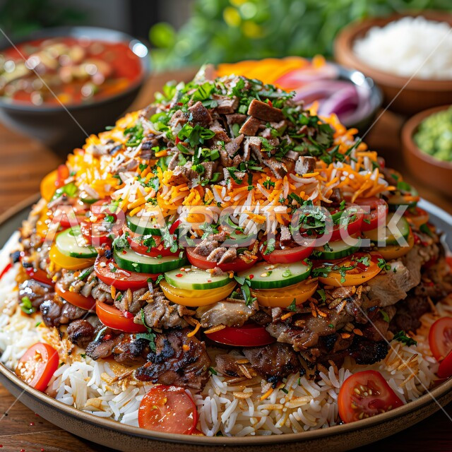 وجبات غذائية غنية بالبروتين, مطاعم ومطابخ اللحوم المشوية في المملكة العربية السعودية، وصفات الطعام الشهية, فنون تقديم الأطعمة الشرقية اللذيذة, صورة مقربة لطبقات من الأرز مع قطع اللحم المشوي مع الخضروات الطازجة، مأكولات وأطباق عربية تقليدية