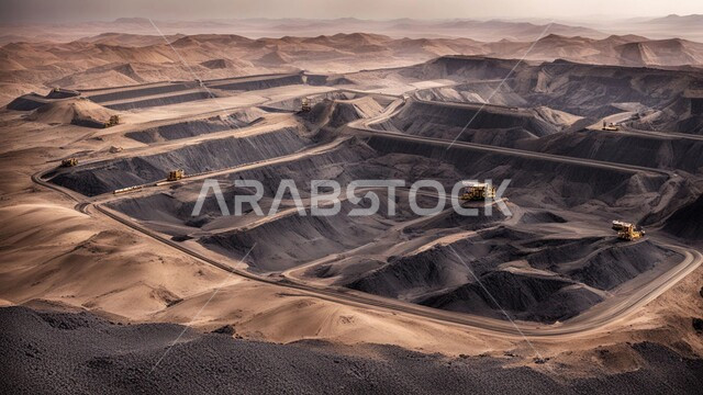 عدد من السيارات والآليات الثقيلة تقوم بالحفر والعمل في موقع التعدين، كميات ضخمة من انتاج الفحم الوطني، مناطق التنقيب عن الثروات الباطنية الخام، الطبيعة الصخرية وتضاريس السلاسل الجبلية، أماكن مناجم الفحم 