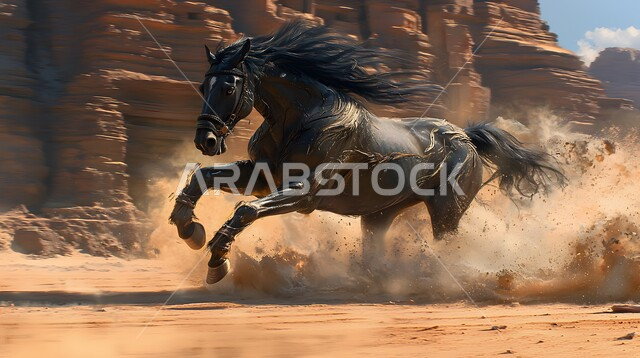 حصان عربي أصيل يعدو بسرعة في الحقل، تربية وتدريب وترويض الخيل، توارث حب الخيول العربية من الأجداد إلى الأحفاد، العناية والاهتمام بالجياد القوية، شغف الفروسية ومهارة ركوب الفرس، المحميات الطبيعية ومزارع الأحصنة في المملكة العربية السعودية