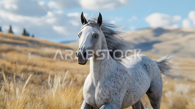 حصان عربي أصيل يعدو بسرعة في الحقل، تربية وتدريب وترويض الخيل، توارث حب الخيول العربية من الأجداد إلى الأحفاد، العناية والاهتمام بالجياد القوية، شغف الفروسية ومهارة ركوب الفرس، المحميات الطبيعية ومزارع الأحصنة في المملكة العربية السعودية