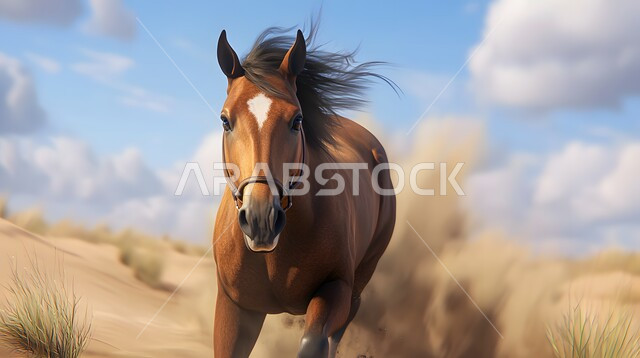Purebred Arabian horse galloping fast in the field, breeding, training and taming horses, inheriting the love of Arabian horses from grandfathers to grandchildren, care and attention to strong horses, passion for equestrianism and horse riding skill, nature reserves and horse farms in the Kingdom of Saudi Arabia