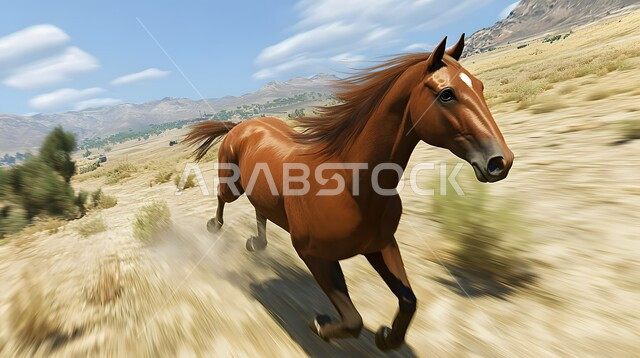 حصان عربي أصيل يعدو بسرعة في الحقل، تربية وتدريب وترويض الخيل، توارث حب الخيول العربية من الأجداد إلى الأحفاد، العناية والاهتمام بالجياد القوية، شغف الفروسية ومهارة ركوب الفرس، المحميات الطبيعية ومزارع الأحصنة في المملكة العربية السعودية