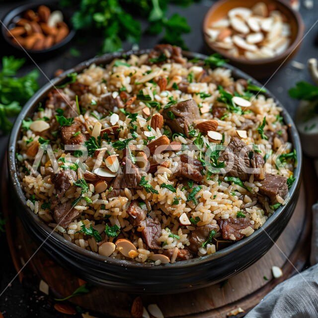 Rice dish with meat and almonds, healthy foods with high nutritional value, food presentation arts in restaurants and kitchens in the Kingdom of Saudi Arabia, delicious popular Arab dishes, healthy meat recipes rich in protein, delicious oriental foods